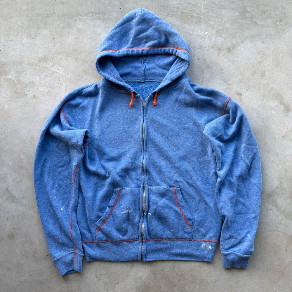 Vintage Blue Full Zip Hoodie Heathered Fleece Orange Contrast Stitching Small